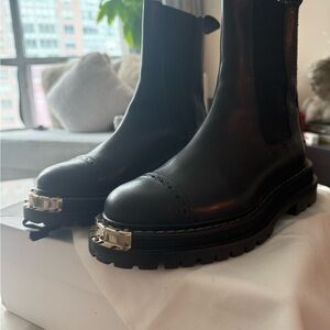 Sandro Black Leather Combat Boots with Gold Accents